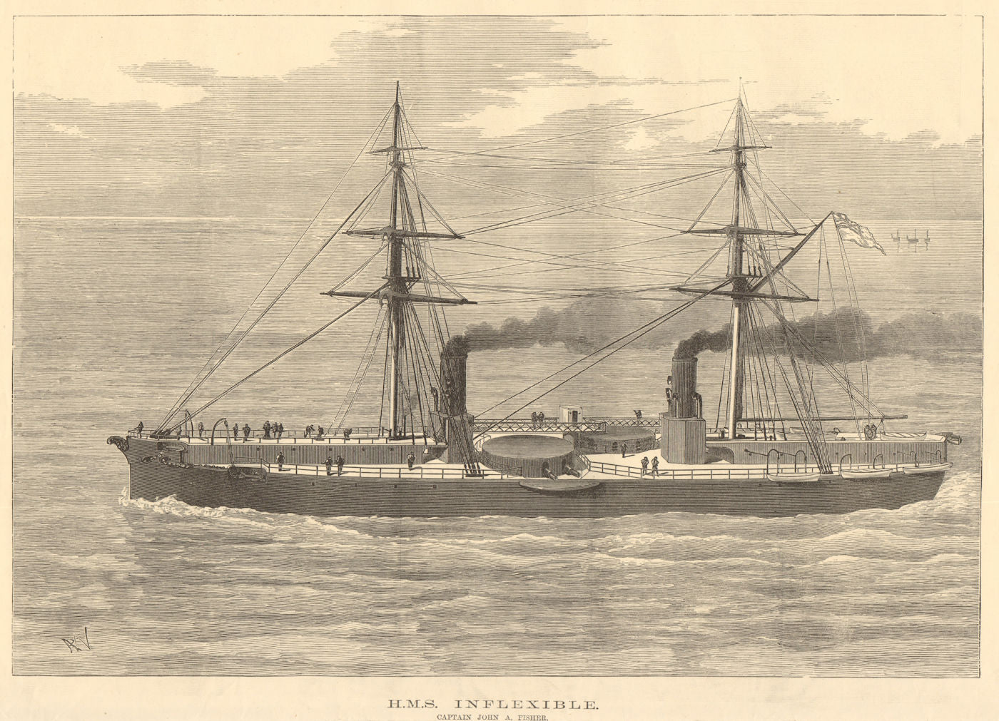 HMS Inflexible. Captain John A. Fisher. Royal Navy. Ships 1882 old print